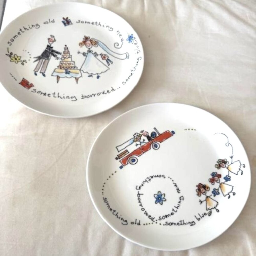 Set of 2 Fun Whimsical Wedding Plates